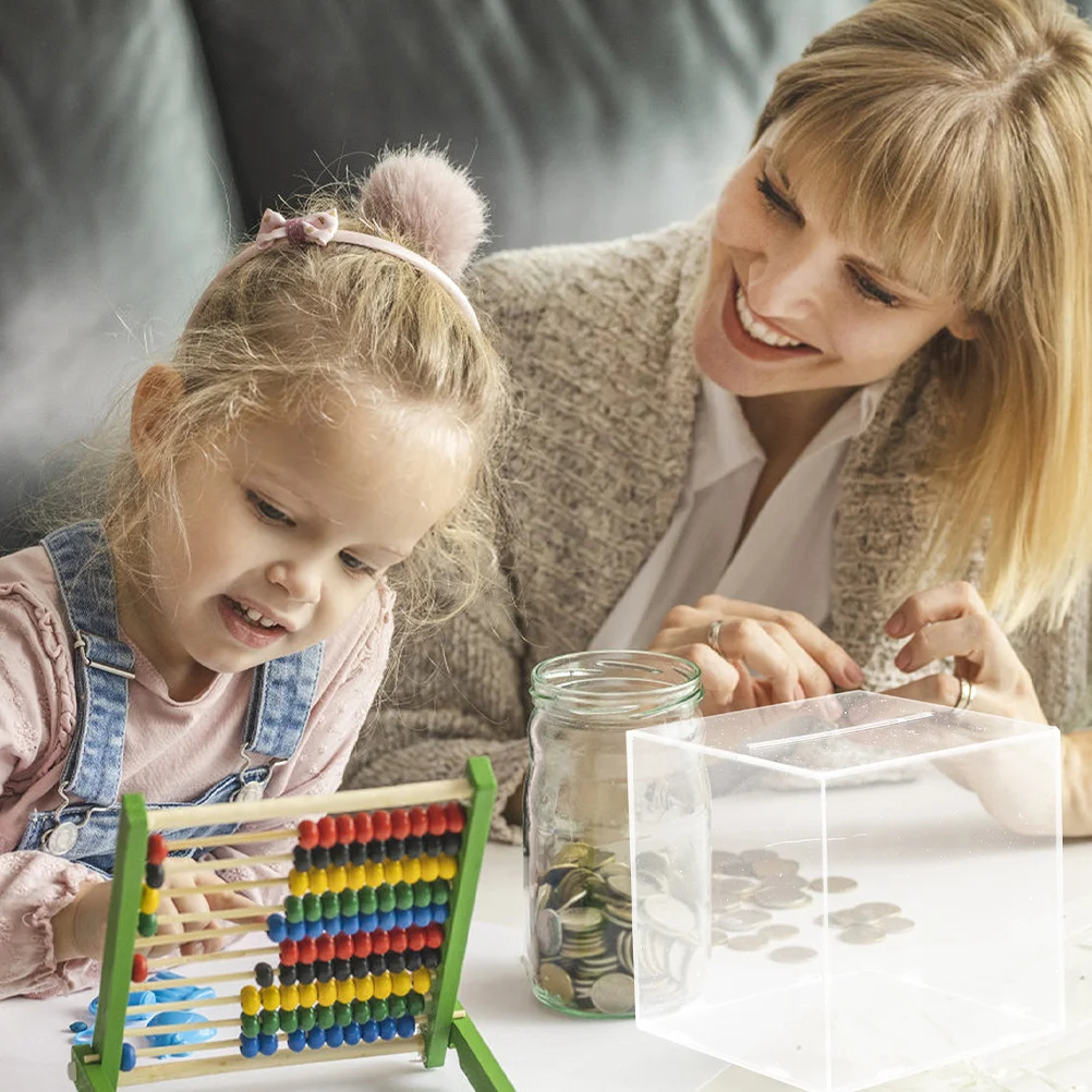 

Acrylic Transparent Saving Pot Cube Shape Coin Container Large Capacity Unopenable Money Jar Home Decoration Desktop Piggy Bank