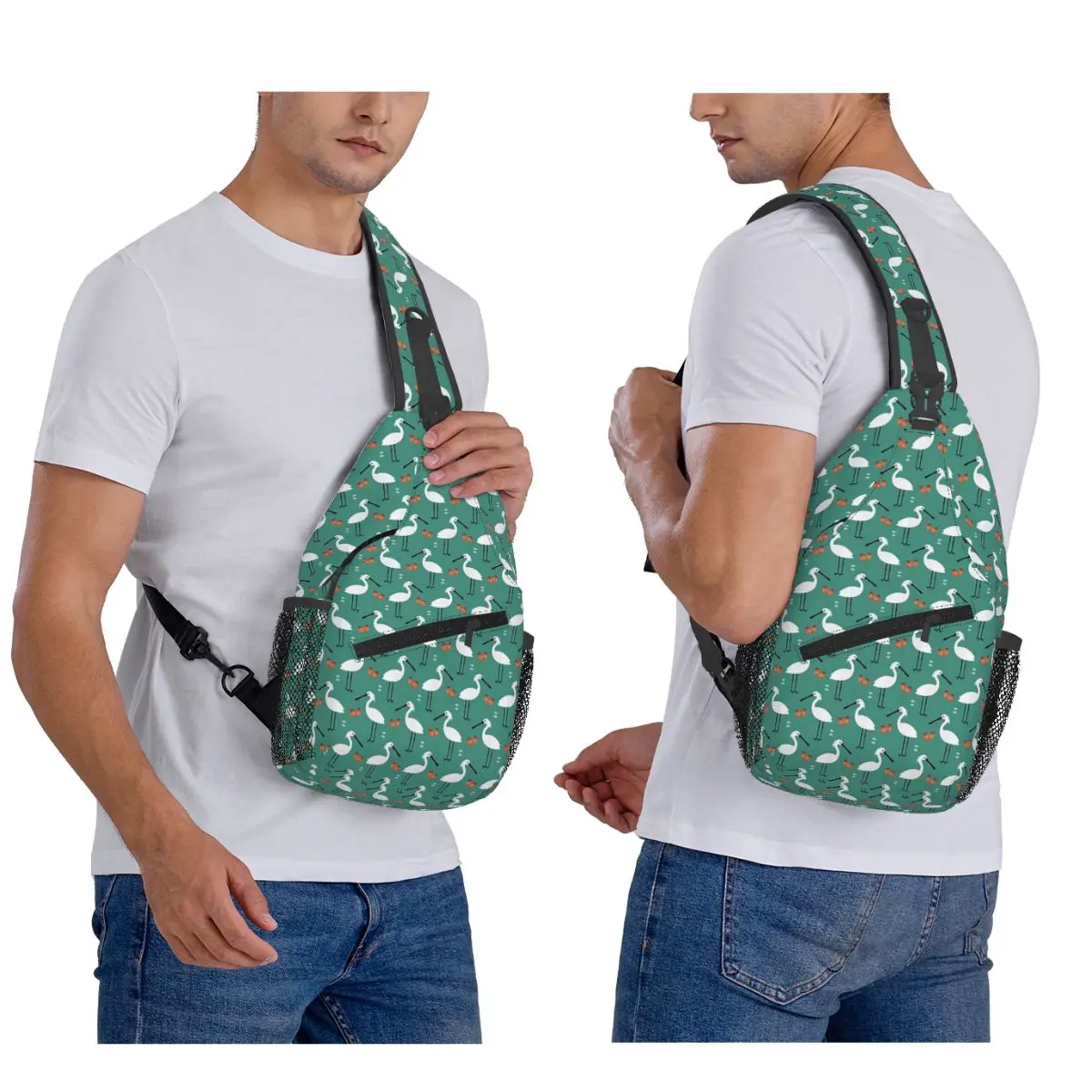 Spoonbills On Blue Cartoon Pattern Chest Bag Men Sling Crossbody Backpack Chest Bag Travel Hiking Daypack Shoulder Bag