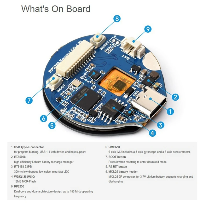 RP2350 Microcontroller Development Board On-Board 1.28-Inch Touch LCD Display Six-Axis Sensor RP2350 Dual-Core Processor