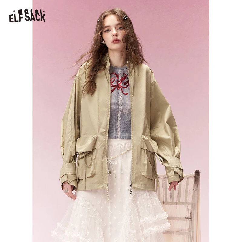 

ELFSACK Techwear Drawstring Pocket Stand Collar Loose Fit Cargo Trench Coat For Women