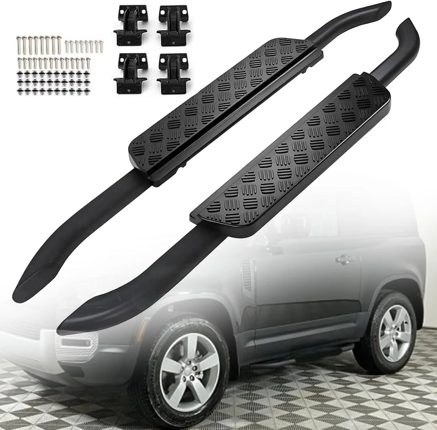 

Подножки подходят для Land Rover Defender 90 (2-дверных) 2020-2025 L663 с боковой ступенькой, алюминиевые (винтажный стиль)