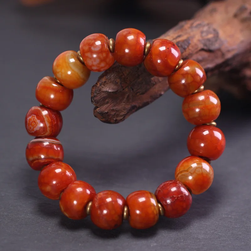 5A Grade Natural Tibetan Genuine Old Mine Raw Stone Dragon Pattern Agate Chalcedony Single-Loop Bracelet, approximately 12*16mm