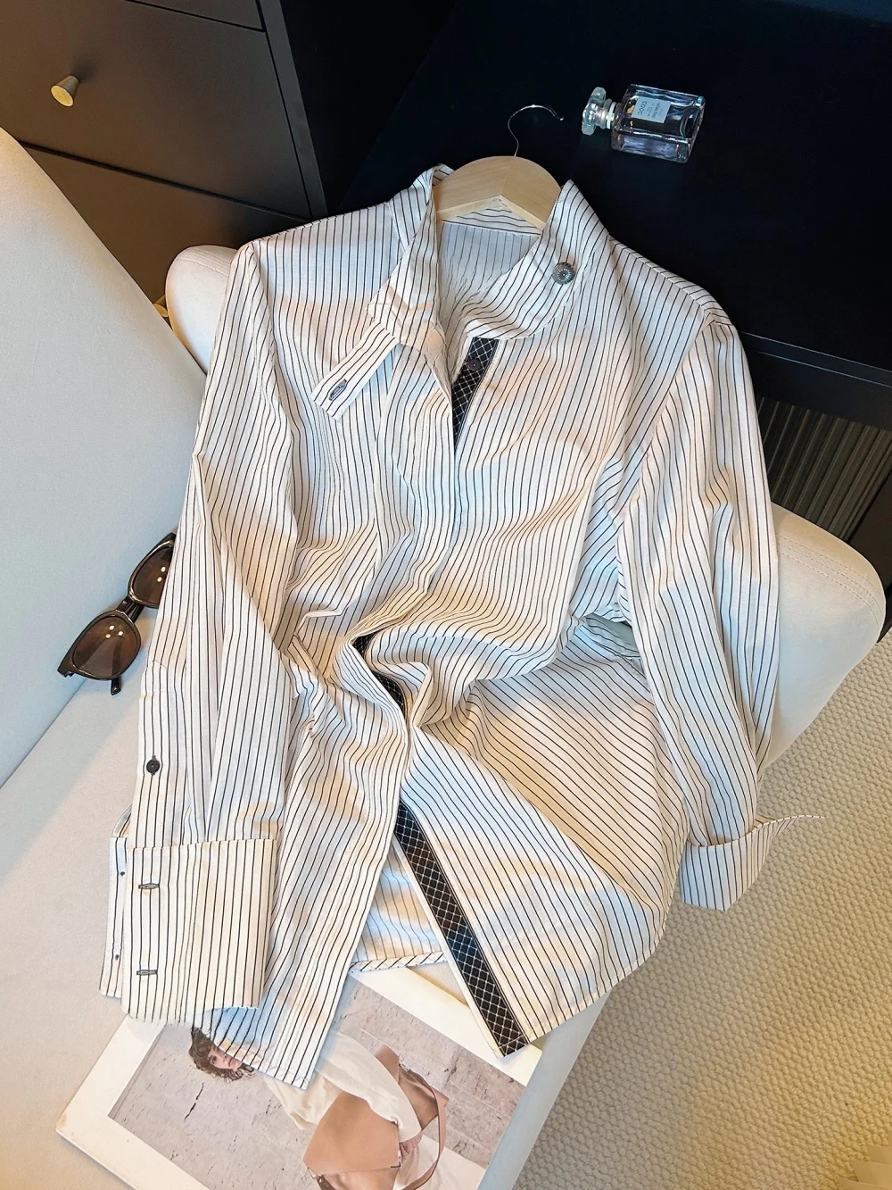 

Женская повседневная рубашка в полоску с длинным рукавом, свободного кроя, с воротником-стойкой, в стиле пэчворк, весна-осень, свободная, стройнящая модель