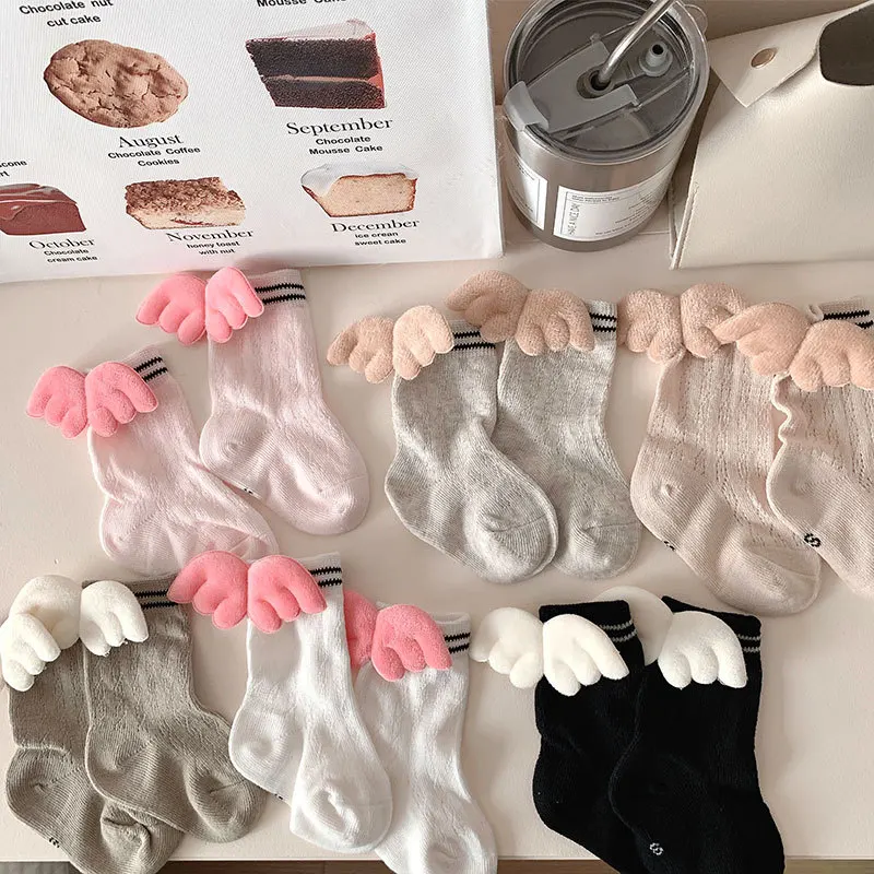 1 Pair Cute Spring Summer Baby Sock with Wings Soft Cotton Mesh Kawaii Infant Todderl Calf Sock Sweet Korean Fashion Socks