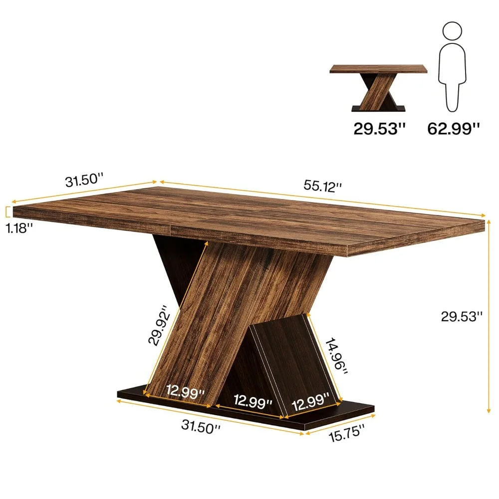 55-Inch Farmhouse Dining Table for 4, Rectangle Rustic Brown Kitchen Dining Room Table, Wooden Dinner Table, Customized