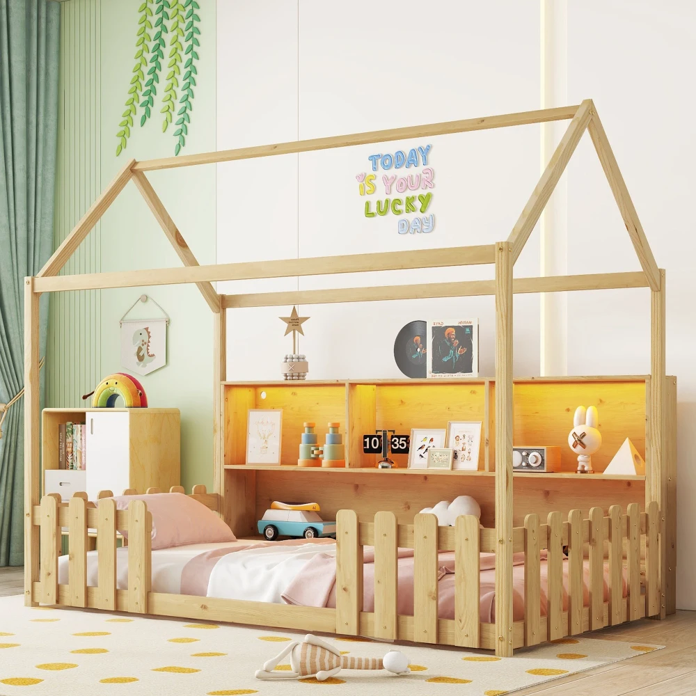 

Twin Size Natural Wood House Bed with LED Light, Storage & Guardrails for Kids(2025/3/14)