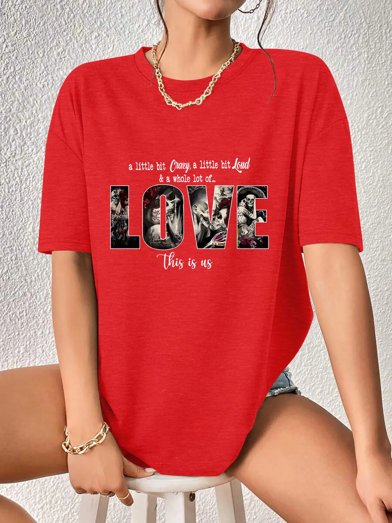 Plus Size Women's White Short Sleeve T - shirt a little bit Crazy Loud & Love Graphic, Edgy Stylish Casual Top