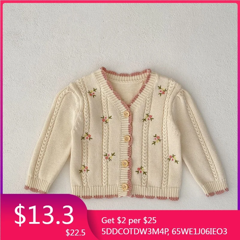 

2023 Autumn Baby Girl Sweater 0-3Years Princess Newborn Kids Long Sleeve V-Neck Embroidery Flower Cardigan Coat Outwear Clothes