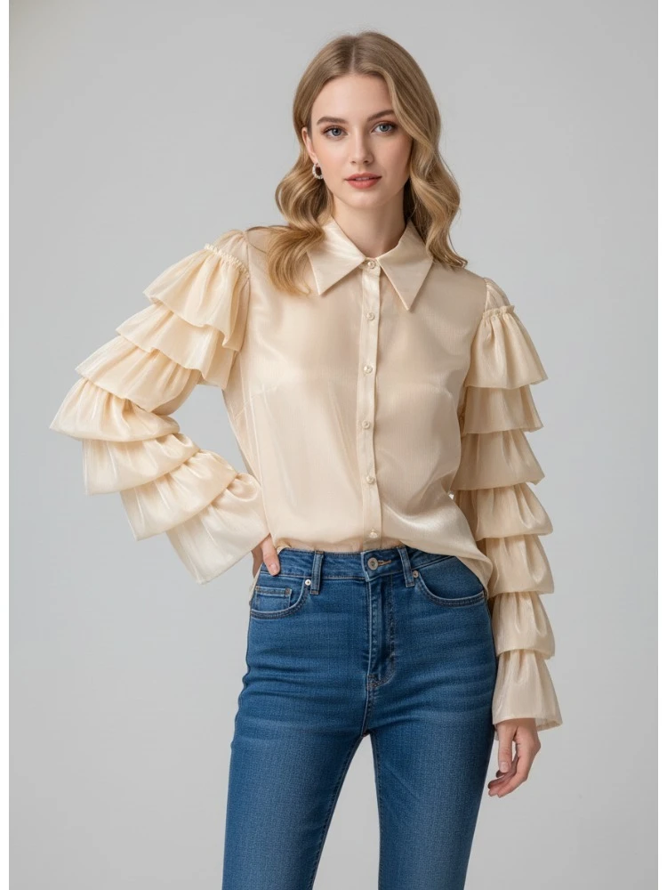 

Bonboho Women's Solid Color Ruffle Tiered Sleeve T-shirt 2026 Spring New Notch Collar Buttoned Loose Fit Blouse for Ladies