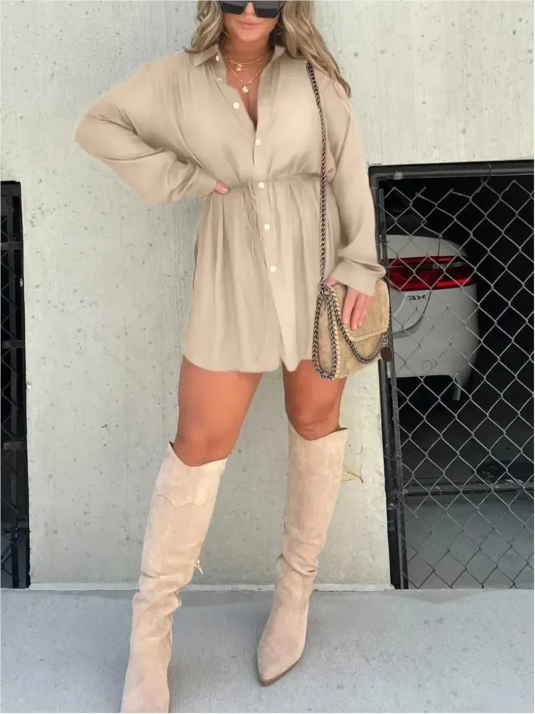 

Women's Autumn New Item Solid Color Long Sleeved Fashionable Single Breasted Buckle Tied Waist Shirt Shorts Two-piece Set