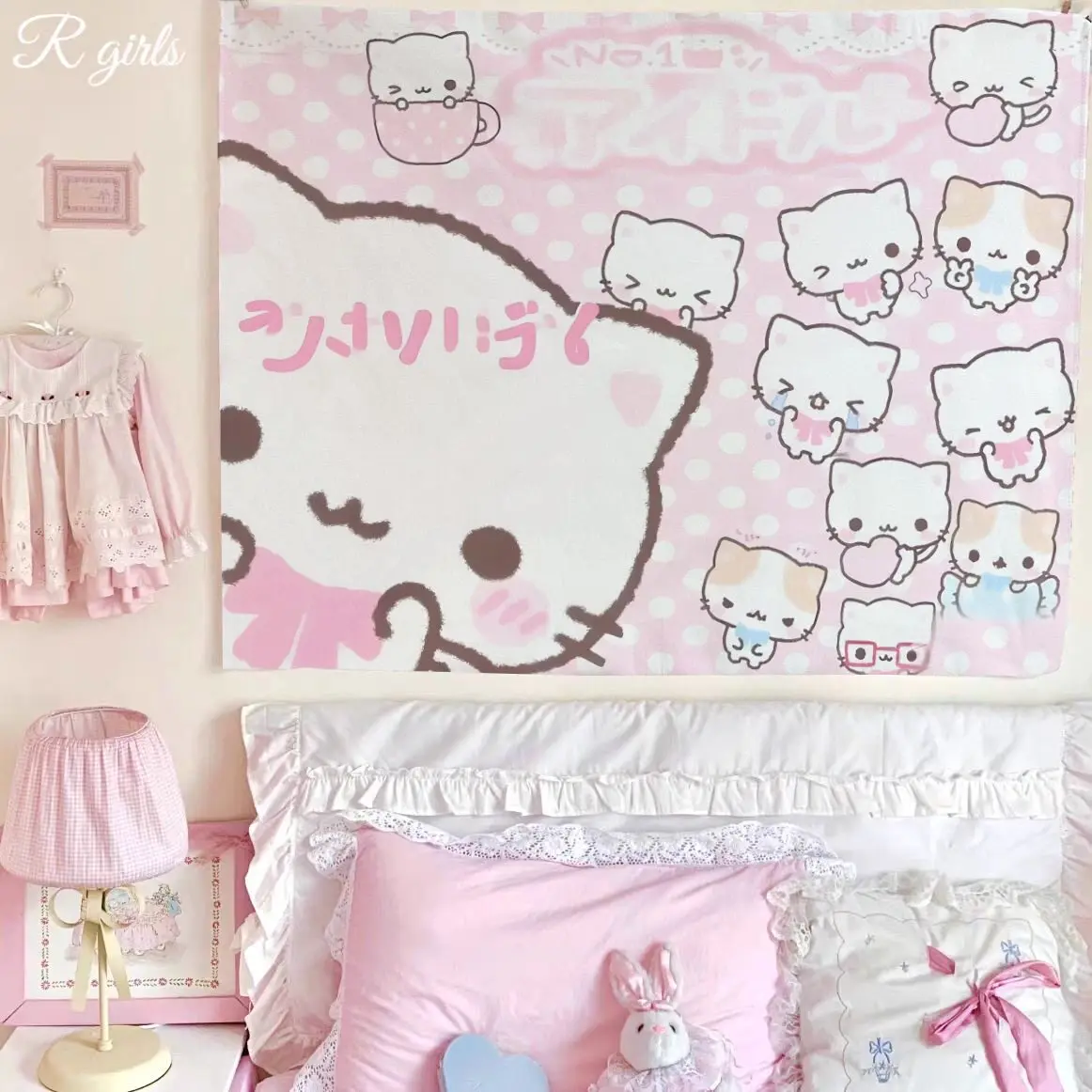 Kawaii Cartoon Kitten Anime Tapestry Warm Atmosphere Wall Hanging Cute Girls Bedroom Aesthetic Room Decor
