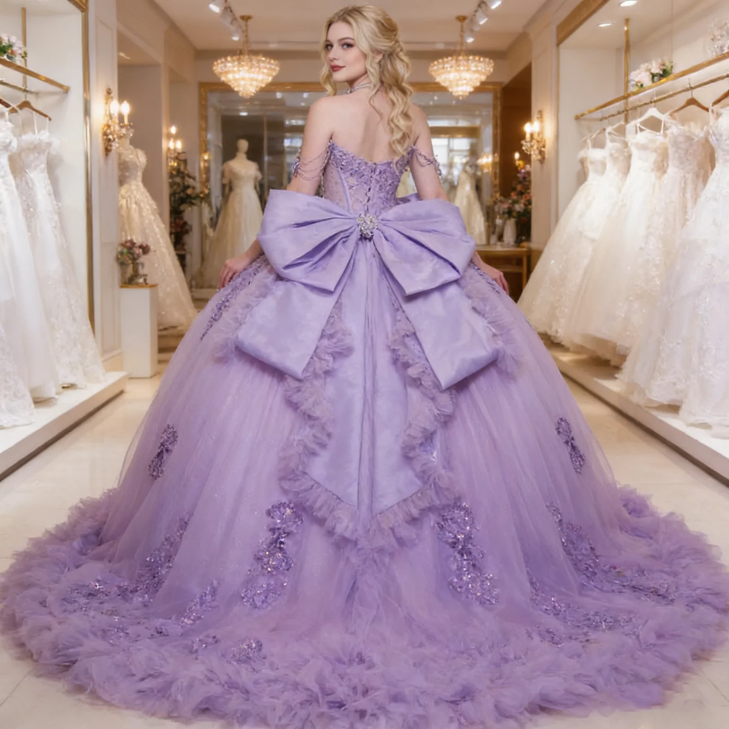 

Luxury Lilac Princess 15th Girl Quinceanera Dresses Beads Applique Bowknot Ruffle Edge Court Train Prom Party Wedding Customized