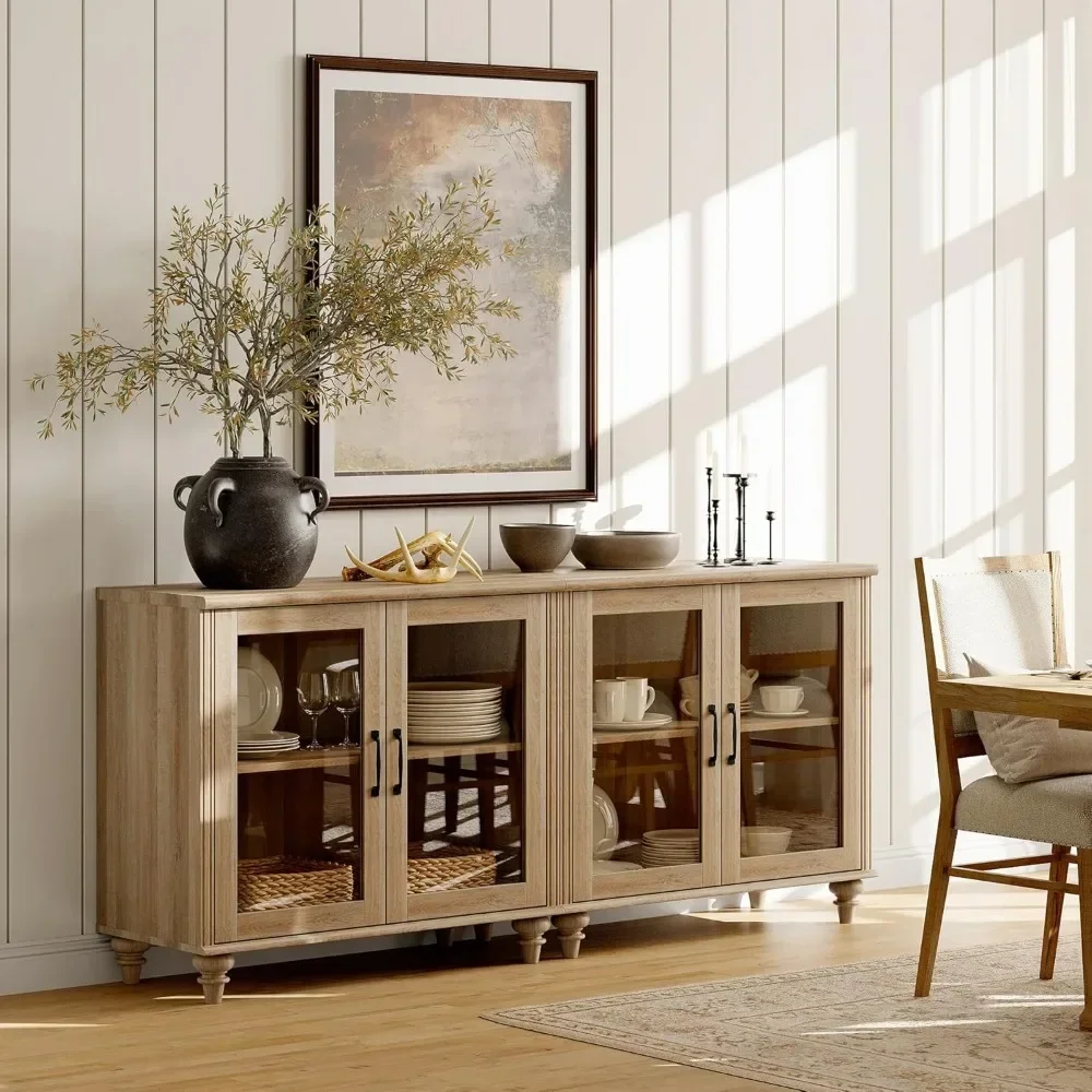 Sideboard Buffet Cabinets with Glass Door, Kitchen Storage Cabinets, Wood Coffee Bar Tables with Adjustable Shelf