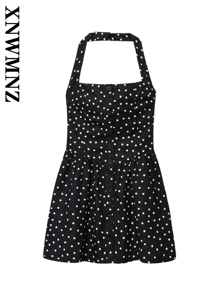 XNWMNZ 2025 Estate Nuova Donna boho Vacanza Spalla Senza Maniche Backless Abiti Donna Sexy Nero Halter Dress Party dot mini