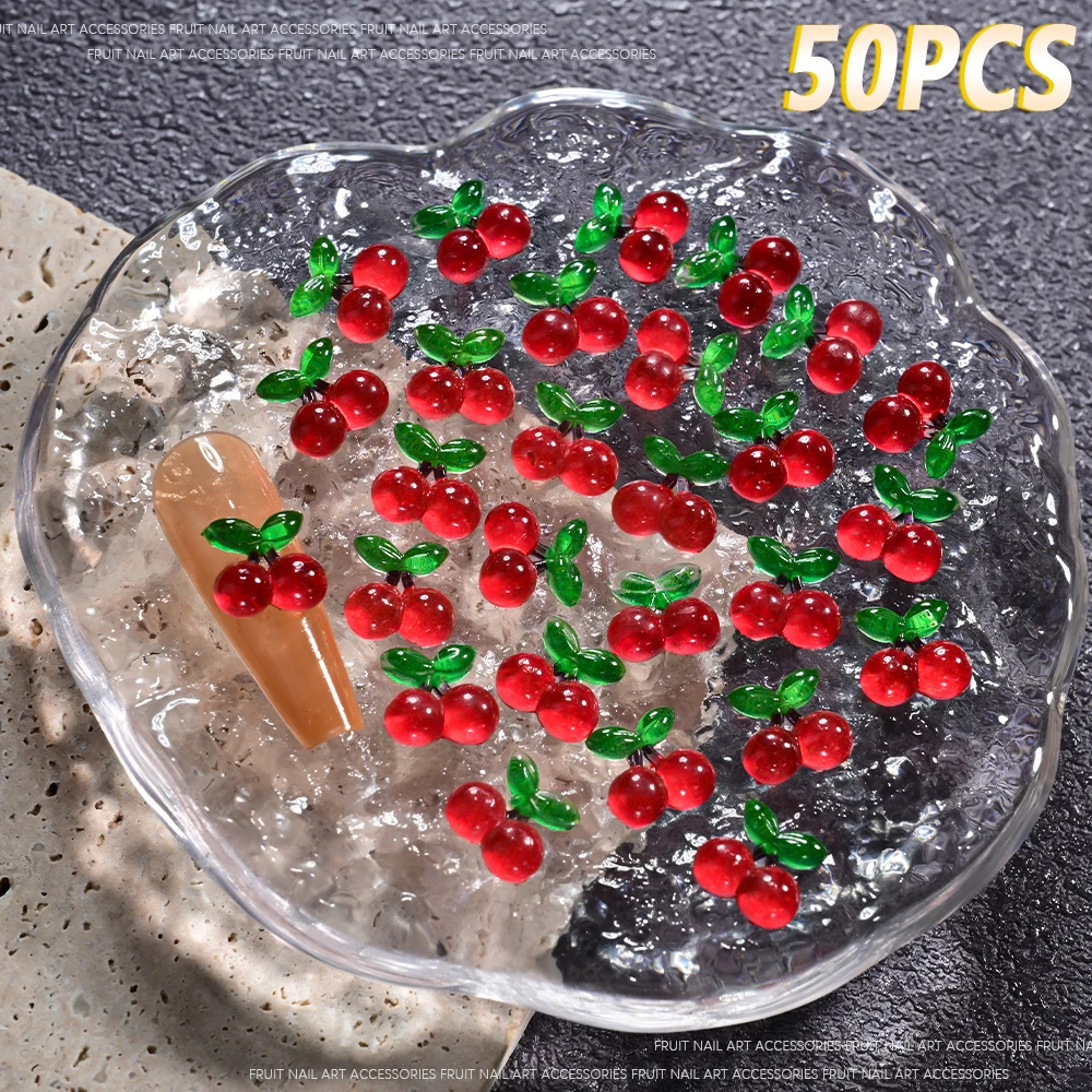 50 szt. - Żywiczne cyrkonie do paznokci w kształcie arbuzu 3D, 8/10/12 mm, letnie owoce, truskawka/wiśnia/brzoskwinia, ozdoby do paznokci DIY, kawaii owoce