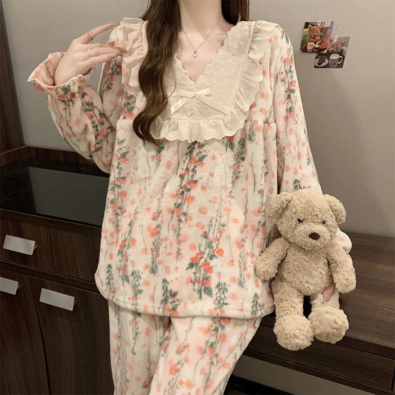 

New Winter Flannel Pajamas Set For Young Girls Warm Coral Fleece V Neck With Lace Pyjama For Women Casual Home Clothing