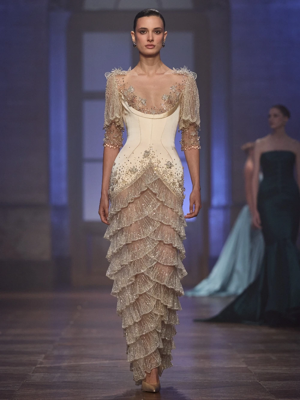 Chic Tiered Ruffle Evening Dress Elegant Luxury Arabic Beaded Sequined Customized Prom Gown For Wedding Guest Cocktail Party