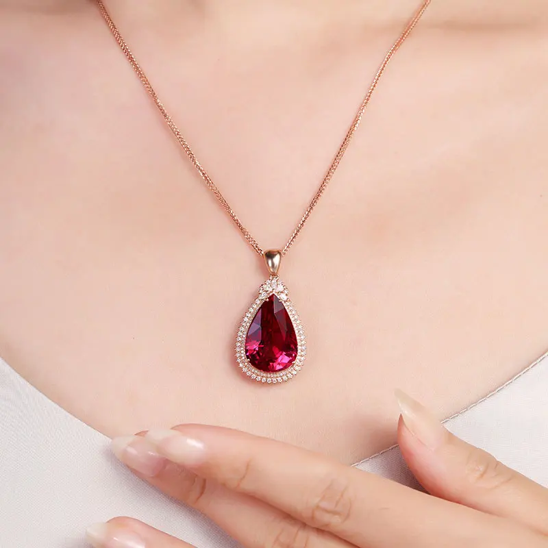Geometric droplet-shaped red agate pendant with 18K rose gold plated over 925 sterling silver necklace - fashionable party jewel