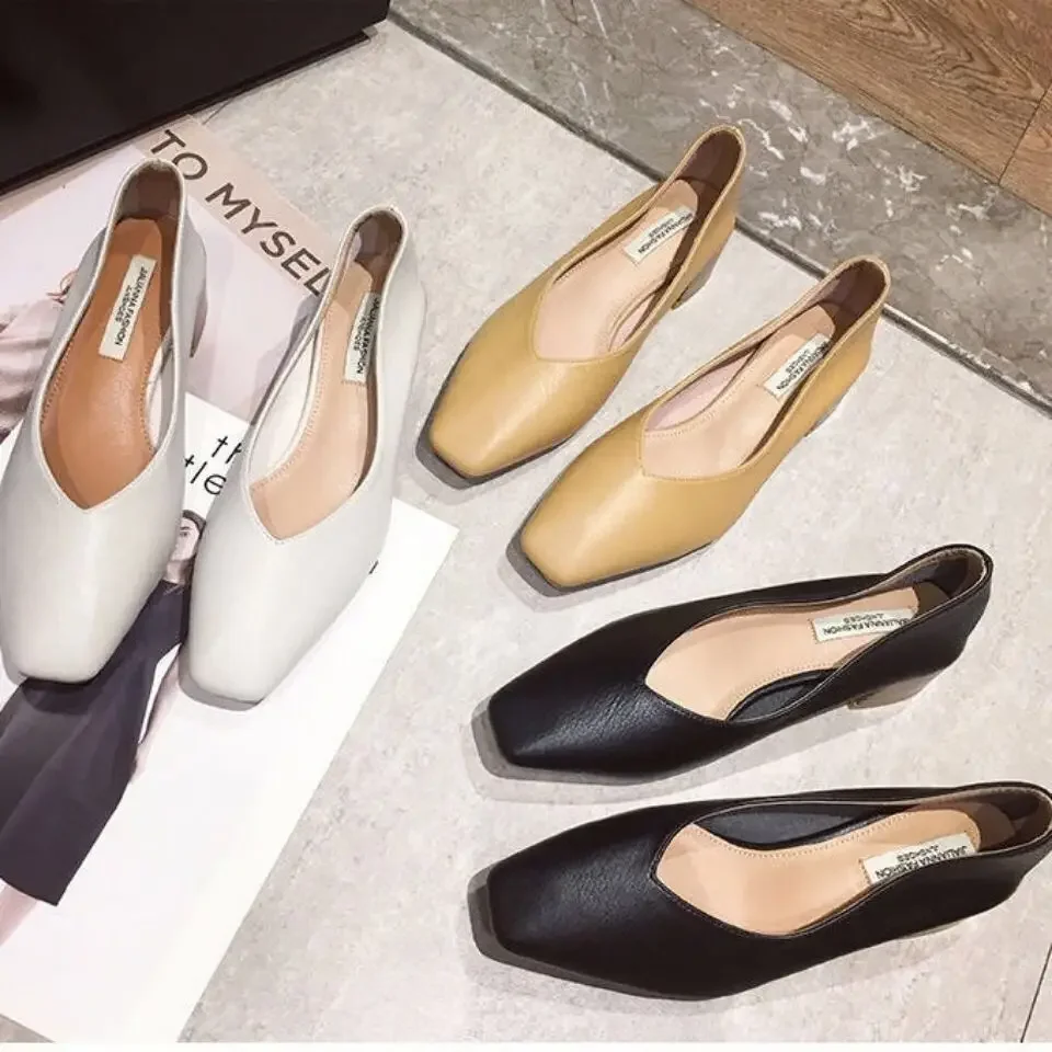 New Woman Square Toe 4cm High Heels Pumps Female Thick Square Low Heels Mom Comfortable Bowknot Soft Leather Loafer Office Shoes