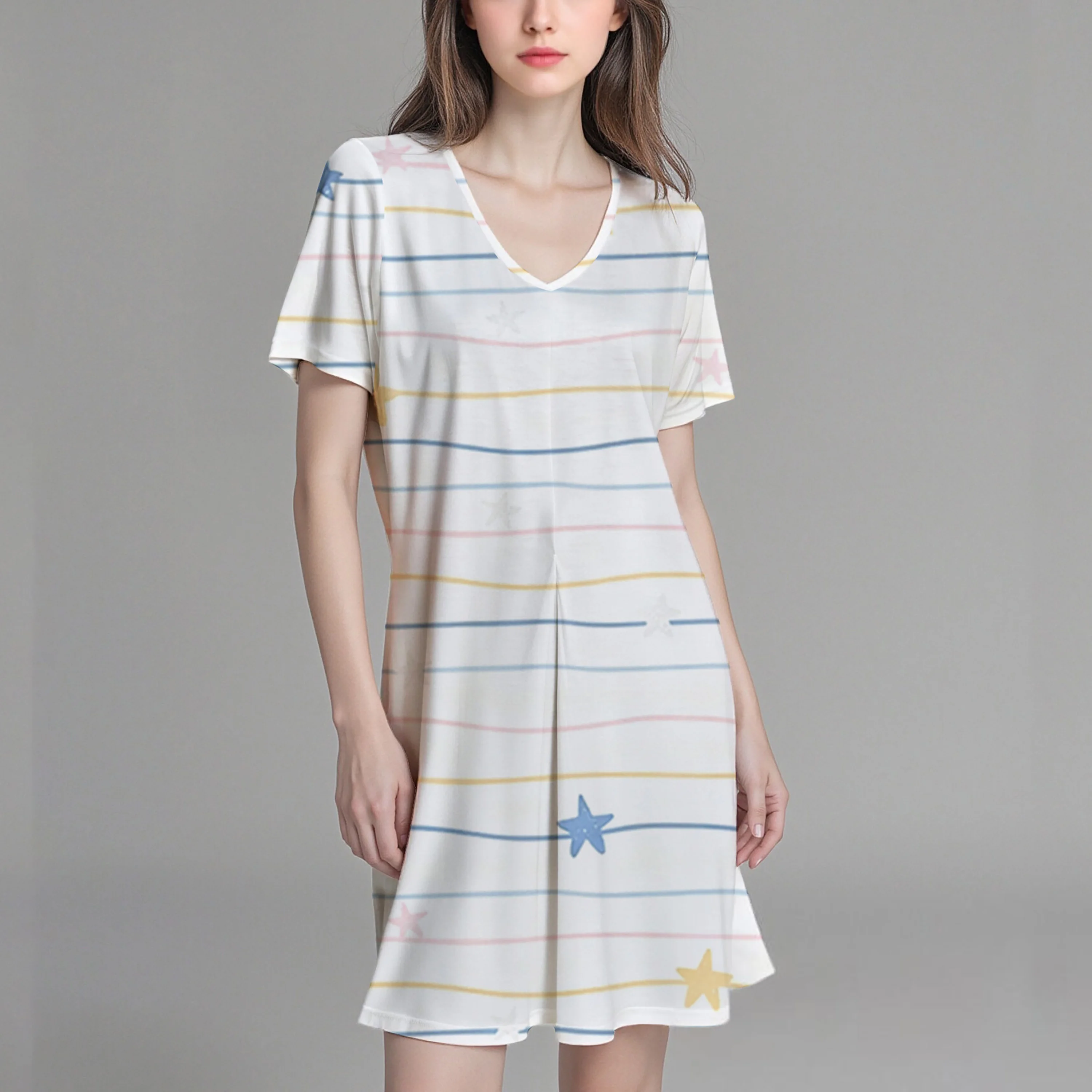 Nieuwe damesjurk/T-shirt met V-hals en korte mouwen met gestreept patroon, licht rekbare stof, casual en comfortabel