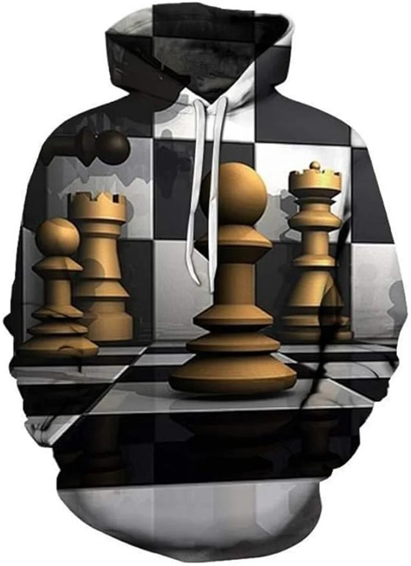 3D Print Chess Graphic Hoodie For Men Casual Long Sleeves Oversized Pullovers Sweatshirt Clothes Mens Vintage Chess Tracksuit