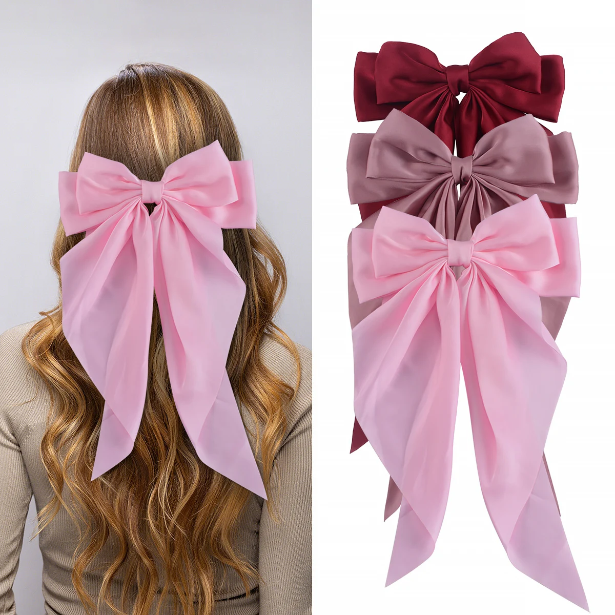 3PCS Ribbon Bow Hair Clips Women Fashion Simple Solid Satin Spring Clip Hairpin Retro Headband with Clips Girls Hair Accessories