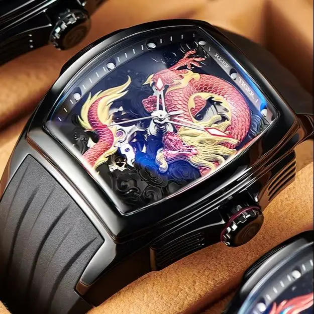 Reef Tiger Men Automatic Watch 44.6mm Tonneau Mechanical Wristwatch Luminous Dragon Dial Miyota 8215