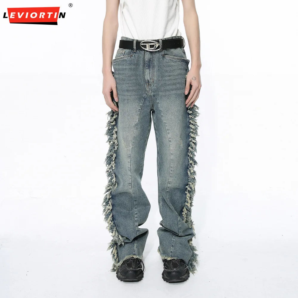 Hip Hop Men's Denim Pants Spring Autumn High Street Vibe Personalized Ragged Edge Splicing Jeans Trendy Designer Male Trousers