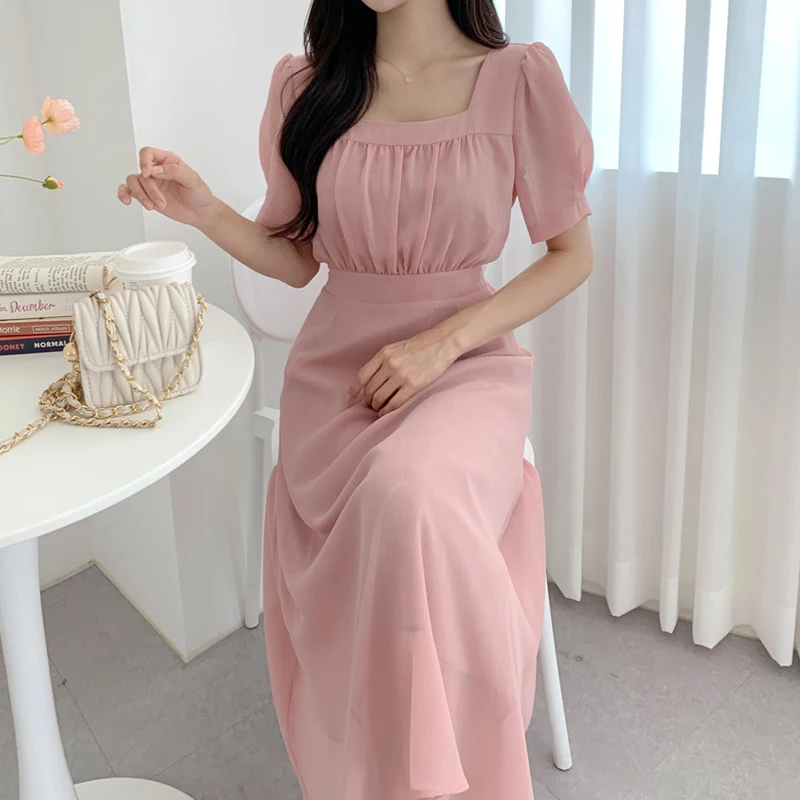 New Korean Fashion Chiffon Dress Women Summer Square Collor Puff Sleeve Office lady Elegant Dresses Design Vestidos Clothing