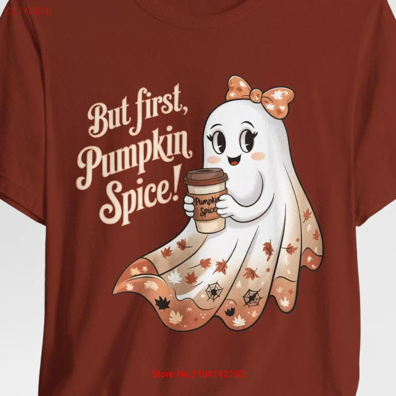 T Shirt with Cute Feminine Halloween Ghost and But first Pumpkin Spice Text Fun Fall Coquette Hair Bow