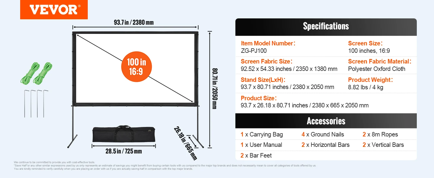 SucceBuy projectorscherm met standaard 100 120 150 inch 16:9 4K 1080 HD draagbaar projectiescherm voor thuiskantoor theater bioscoop