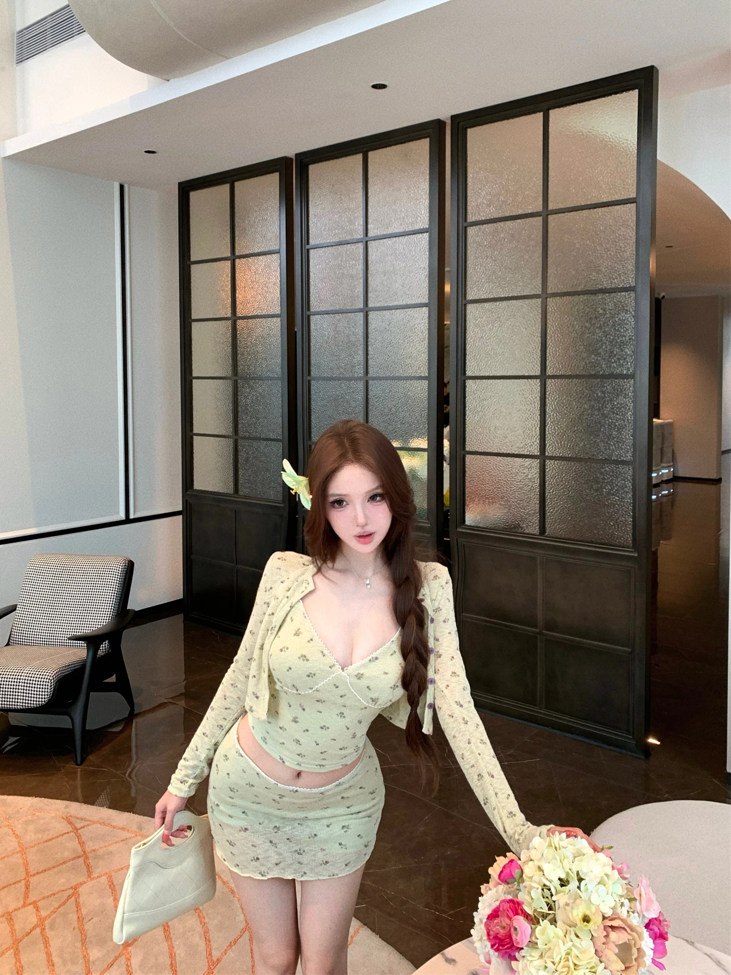 

Kumikumi Spicy Girl Floral Long Sleeve Open Cardigan Women's Inner Tank Top Summer Wrap around Skirt Three Piece Set