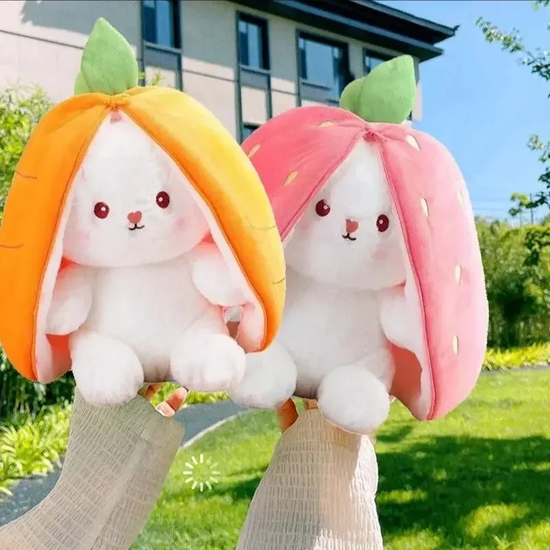 

25cm Cosplay Strawberry Carrot Rabbit Plush Toy Stuffed Creative Bag into Fruit Transform Baby Cuddly Bunny Plushie Doll For Kid