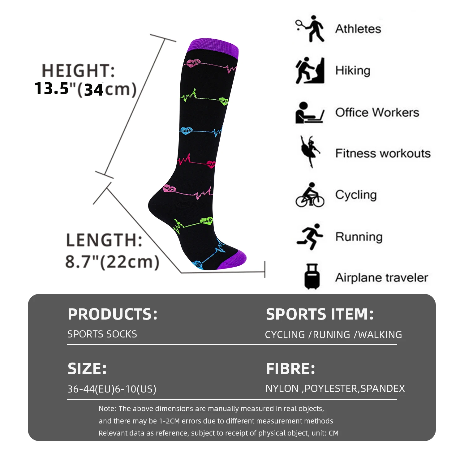 Medical Althetic Compression Socks for Men and Women Diabetes Varicose Veins Sports Socks for Running Cycling Travel Flight