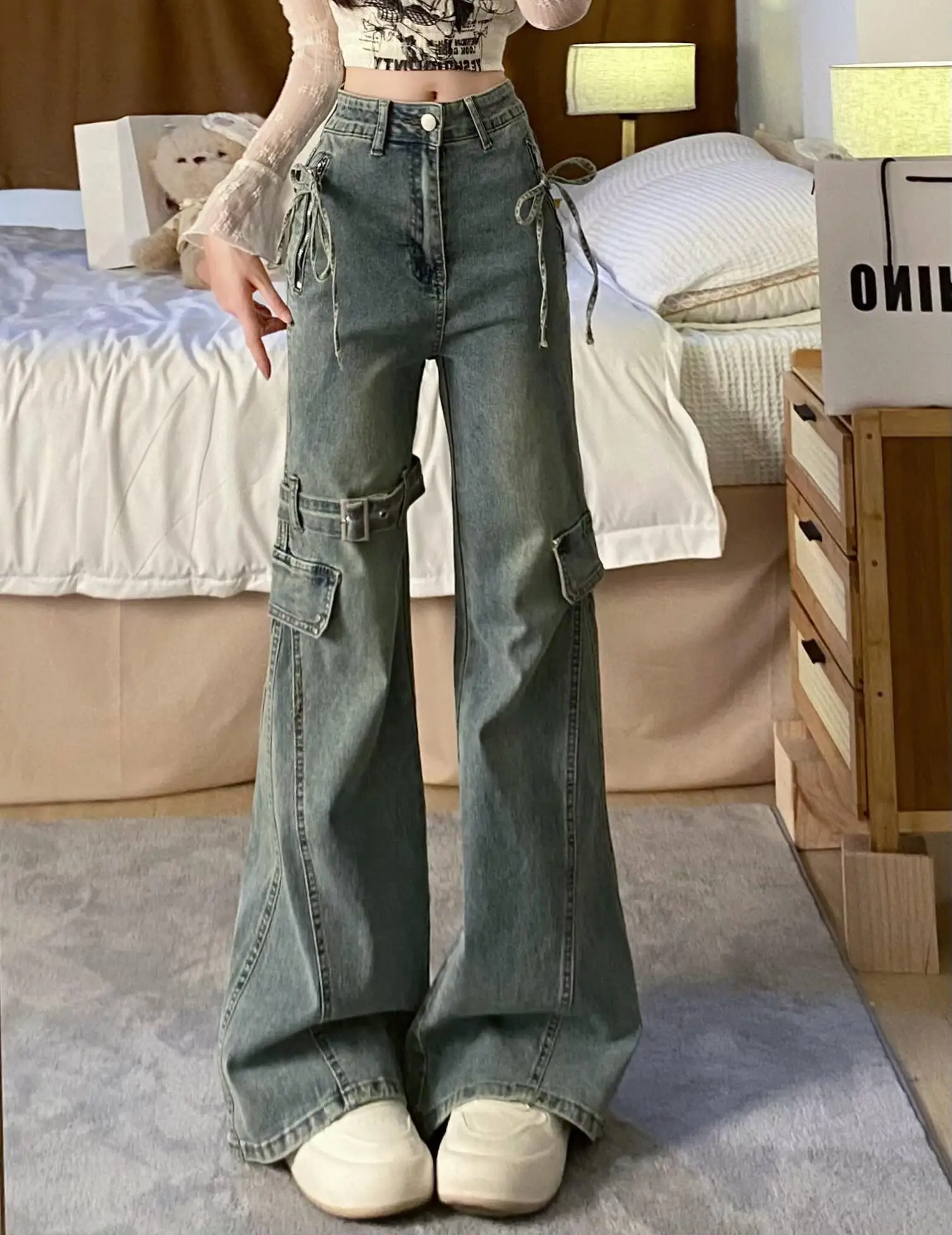 Harajuku Y2k Light Blue Cargo Flare Jeans Women Vintage 2000s 90s Aesthetic Baggy Bow Denim Trousers American Retro Jean Pants