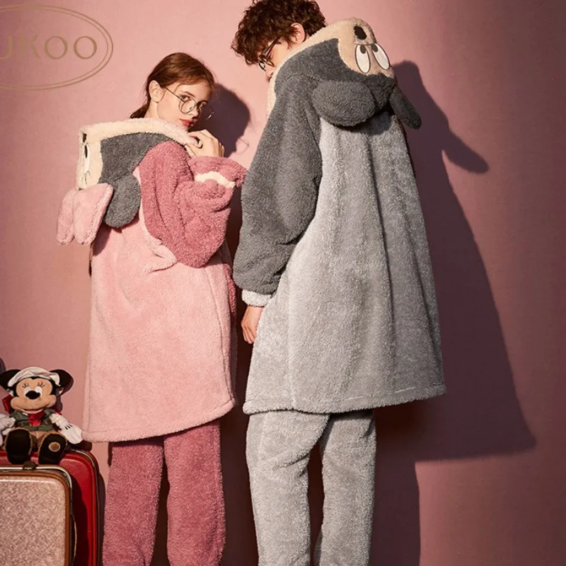 Disney Mickey Mouse Couple Pajamas Sets Winter Thicken Coral Fleece Pyjamas Winter Soft Warm Sleepwear Cartoon Christmas Gifts