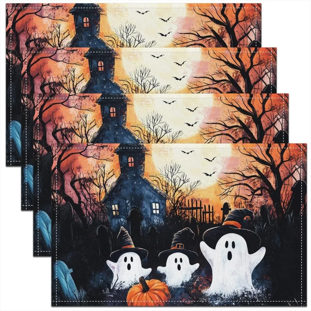 

Kawaii Ghost Placemats Set Of 4 For Kids Happy Halloween Theme Place Mats 12x18 Inch Watercolor Castle Table Mats Horror Wild Ba