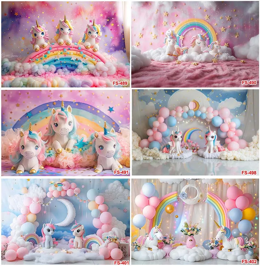 

Newborn Photographic Rainbow Pink Color Girls Birthday Backgrounds Cake Smash Unicorn Balloons Clouds Photocall Backdrops Banner