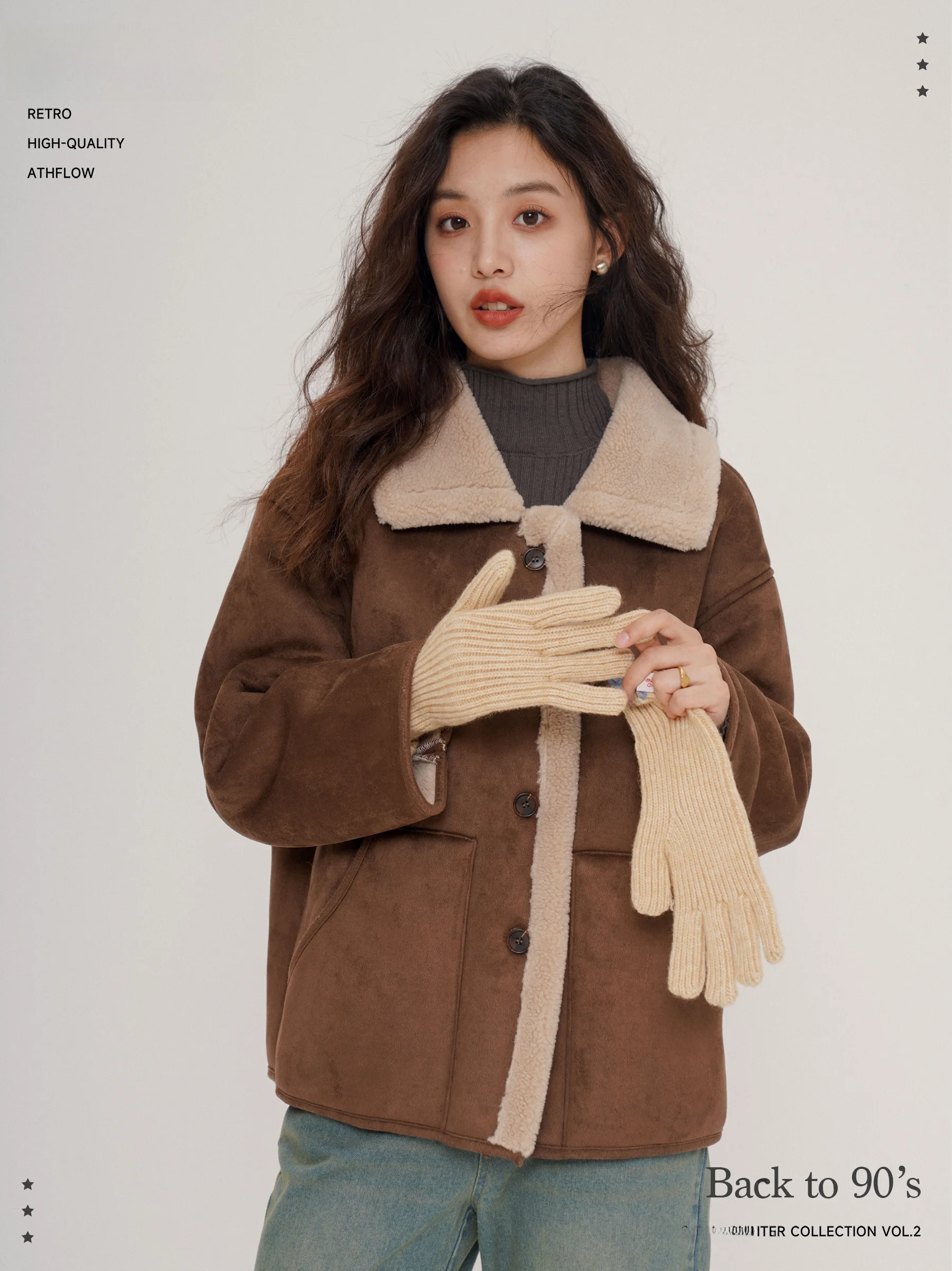 Botanique ブラウンベアスエードジャケットショート女性の秋冬厚みのある新  ポリエステルウールブレンドファッションアウター