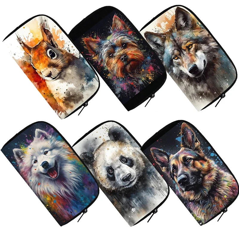 

Cute Animal Watercolor Painting Wallet Dalmatians Yorkshire Terrier Money Bags Wolf Credit Card Phone Holder Long Purses Gift