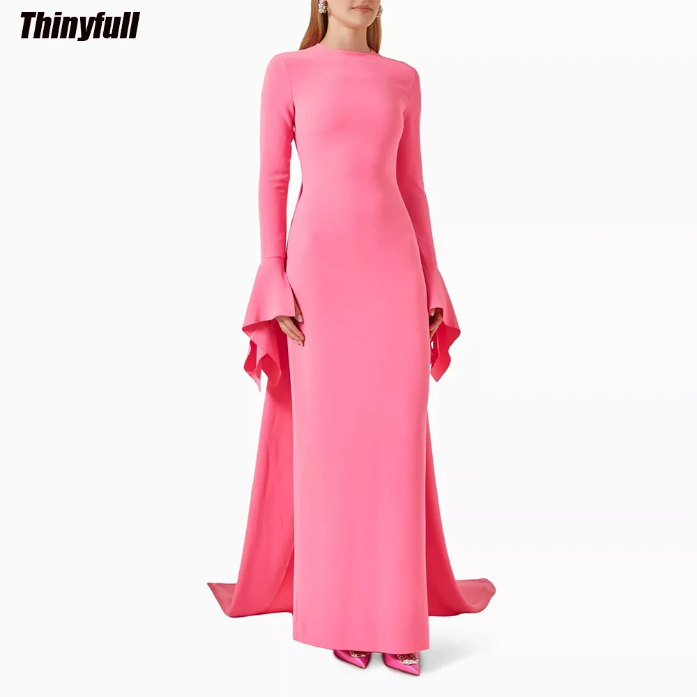 Thinyfull Mermaid Satin Saudi Arabia Prom Dresses O-neck Long Sleeves Evening Party Gown Outfit Dubai Formal Occasion Dress