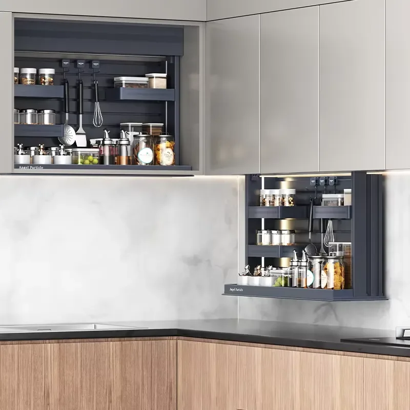Adjustable Kitchen Cabinet Drop Down Shelf Spice Rack Organizer With Hooks Electric Lift Basket For Condiment Storage