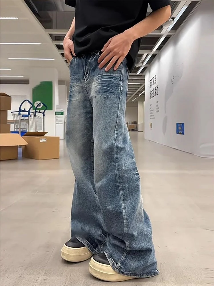 

Мужские джинсы с синим узором в виде молнии, летние, широкие, прямые, в американском стиле High Street, слегка расклешенные, свободного кроя