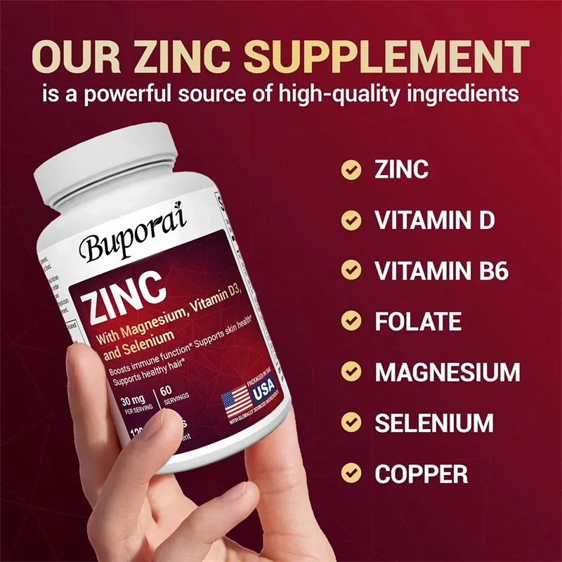 Zinco com magnésio, vitamina D3, selênio - ajuda a melhorar a saúde da pele, do cabelo e das unhas, aumentar a imunidade e melhorar a vitalidade da pele