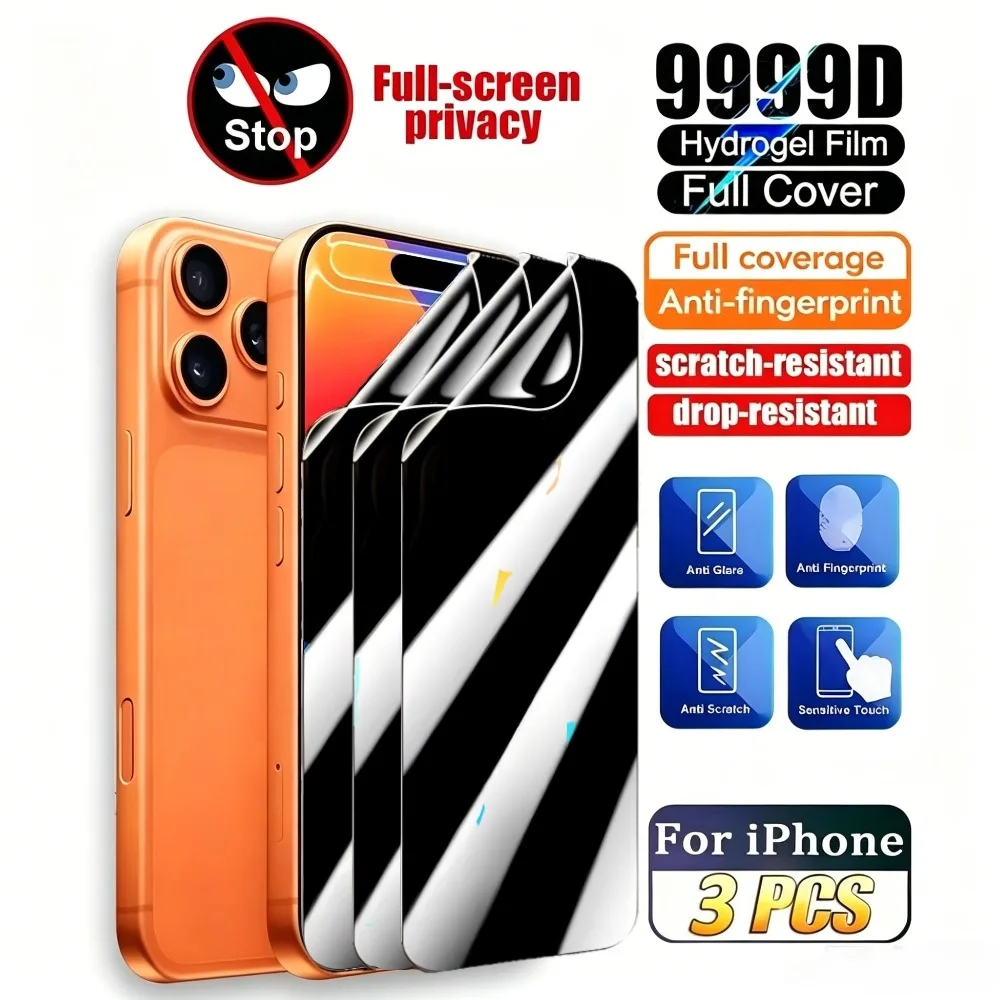 

3Pcs Anti Spy Hydrogel Film for iPhone 17/16/15/Pro Max/17e/16e/Air/14/13/12/11/Pro/15/14/Plus Full Coverage Screen Protectors