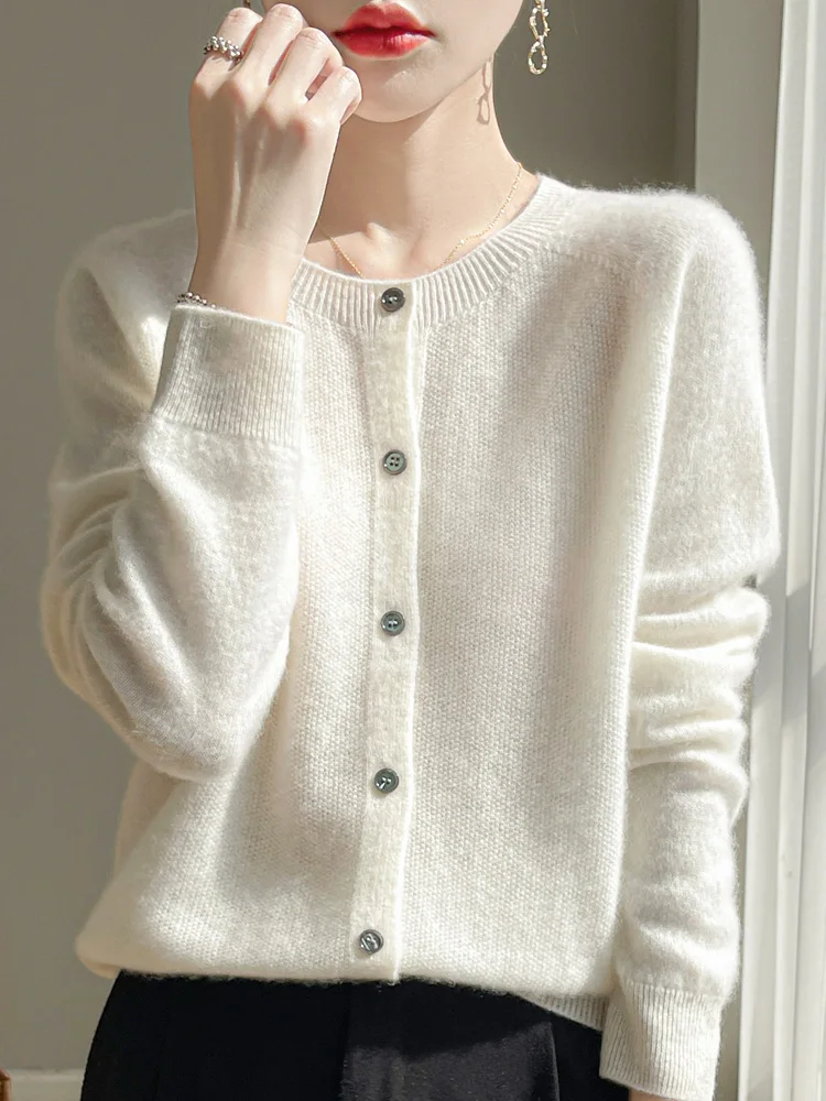 Spring Autumn Women 100% Merino Wool Cardigan Soft O-Neck Cashmere Sweater Knitwear Casual Top Clothing Korean Elegant Style