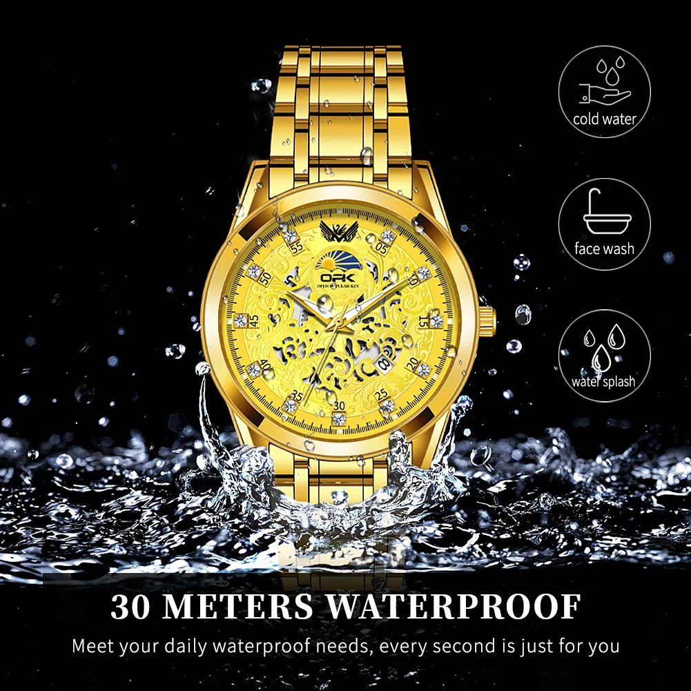 OPK 브랜드 야광 방수 달력 스틸 밴드 남성용 쿼츠 시계 8149