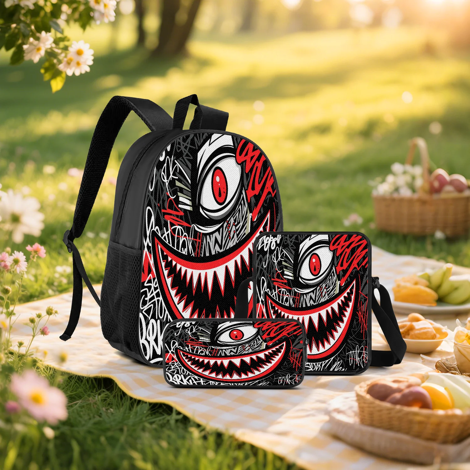 3-Piece Graffiti Monster Print Backpack Set, Includes Backpack, Crossbody Bag and Pencil Case, Lightweight Material, Unisex