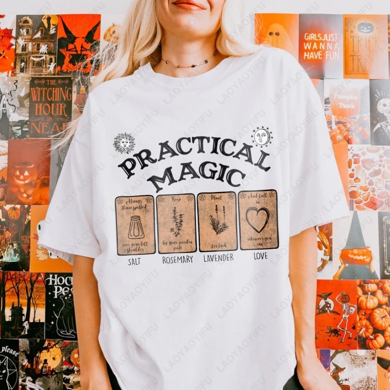 

Практичная футболка с надписью «Волшебная ведьма» для мужчин и женщин, хлопковая одежда высокого качества, винтажный стиль, одежда для дома в стиле Харадзюку, топы