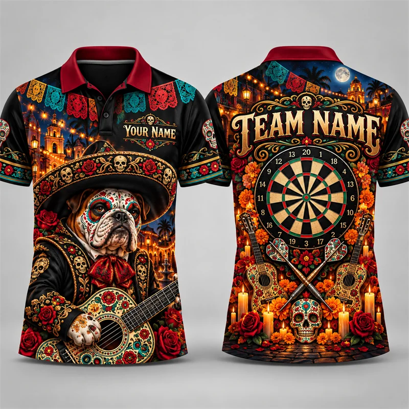 Custom Darts Polo for Men Personalized Team Name Sugar Skull Pirate Goat Gorilla Flamingo Print Short Sleeve Tournament Jersey